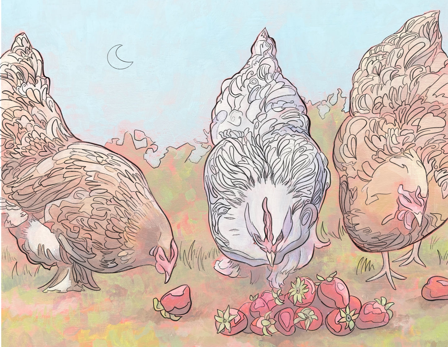 A coloring page of three chickens pecking at strawberries under a cresent moon, all colored in. The color version was made using a low-opacity image of the painting upon which the coloring page design was based. 
