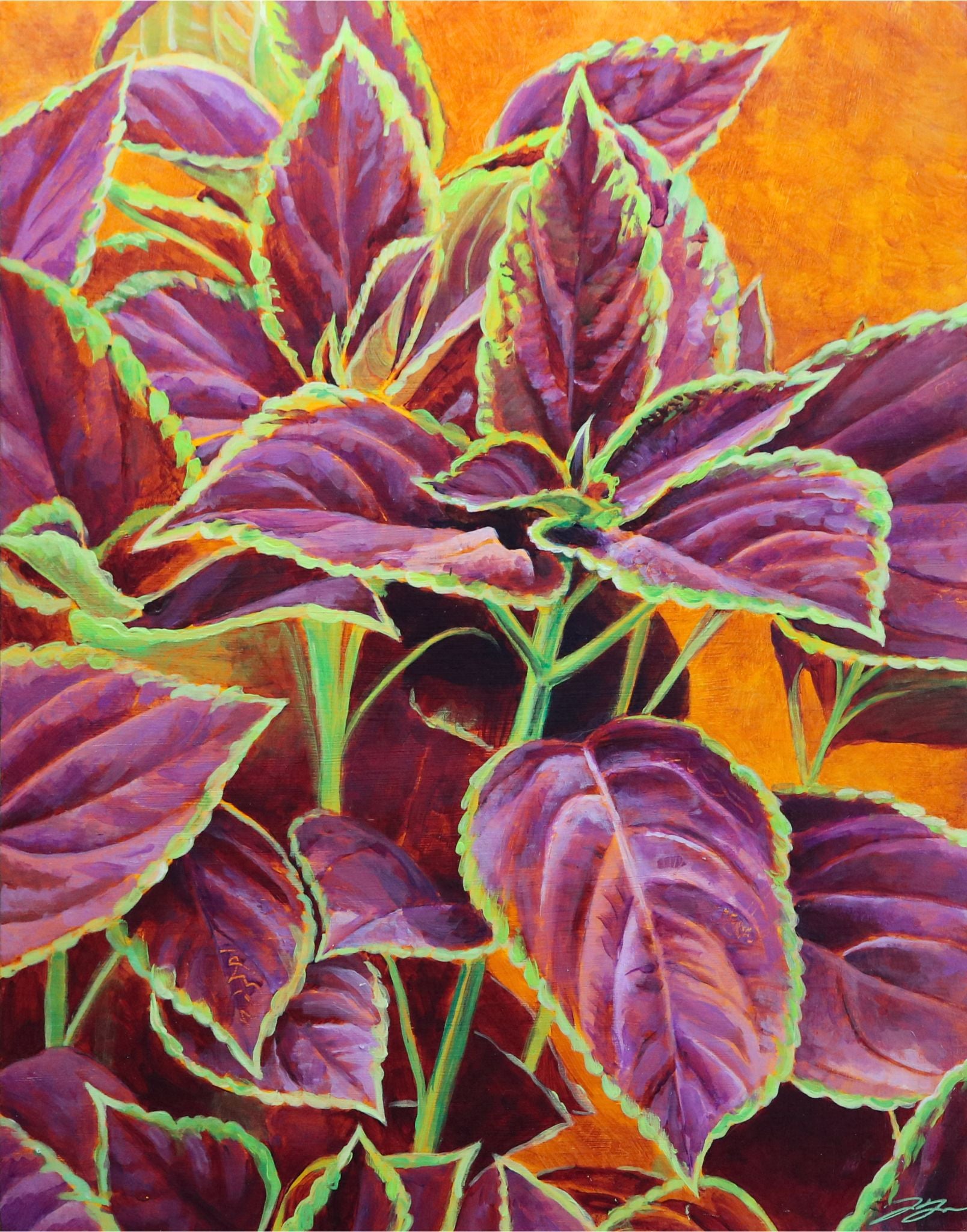 Acrylic painting "Strength" by artist Jackie Hanson. A Coleus houseplant with green-fringed purple leaves rises strongly over an orange background.