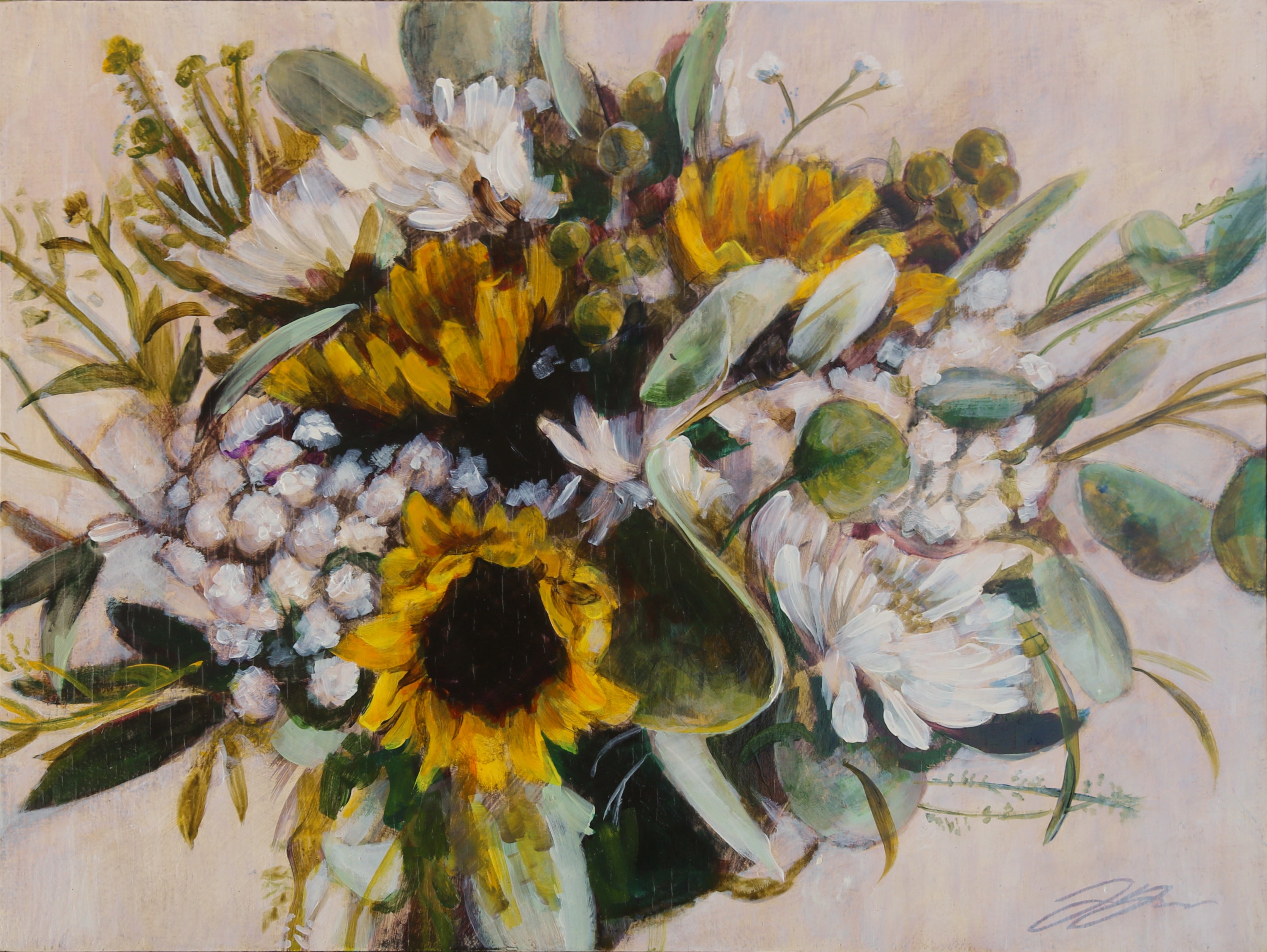 Acrylic and gouache painting "Sunflower Bouquet" by artist Jackie Hanson. A realistically painted bouquet of green leaves, white flowers and most prominently sunflowers over a cream background.