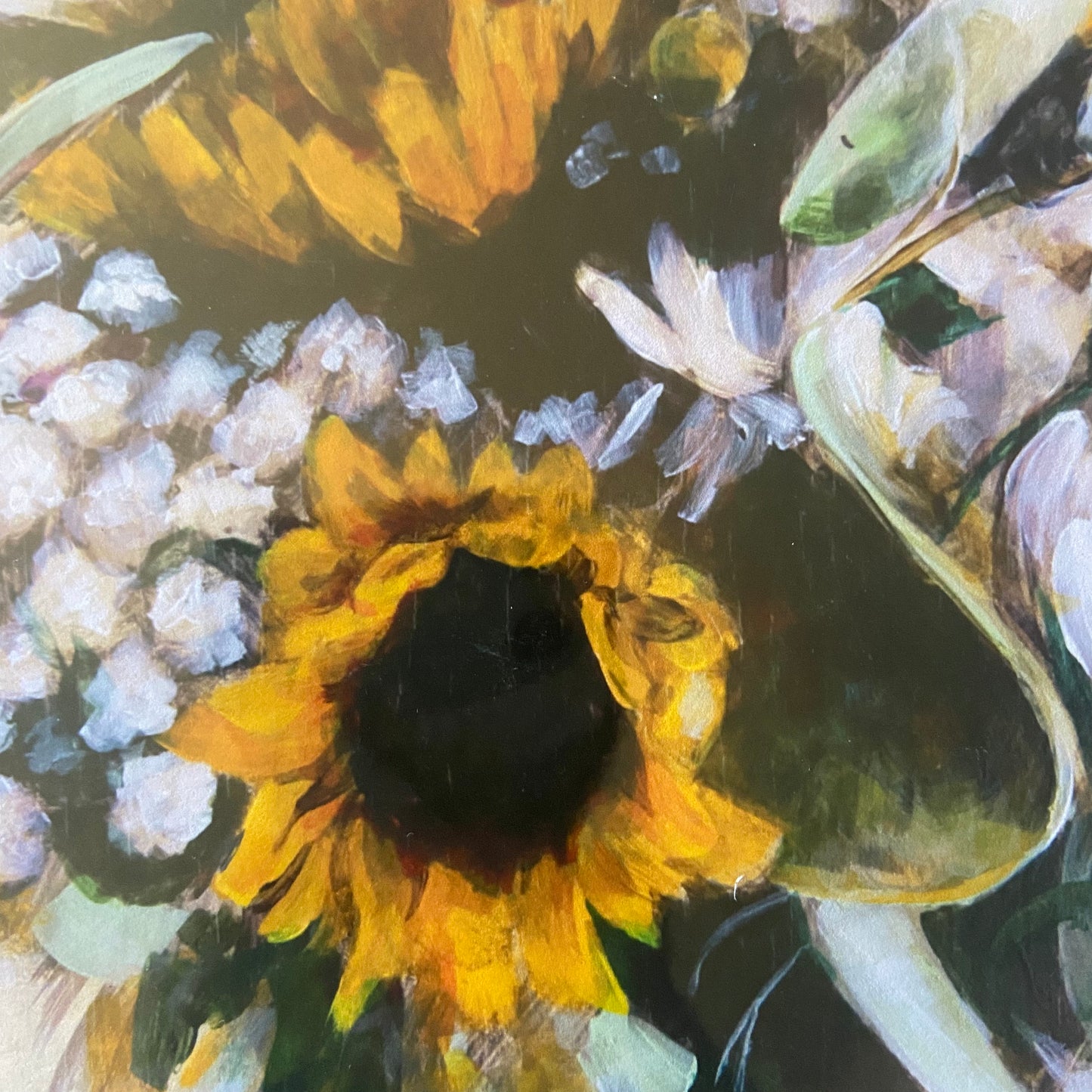 A close-up of the focal point, a sunflower pointed at the viewer. The white paint strokes nearby look slightly bluish on the dark ground. The curve of a leaf is to the right of the flower, and another sunflower is near the top.