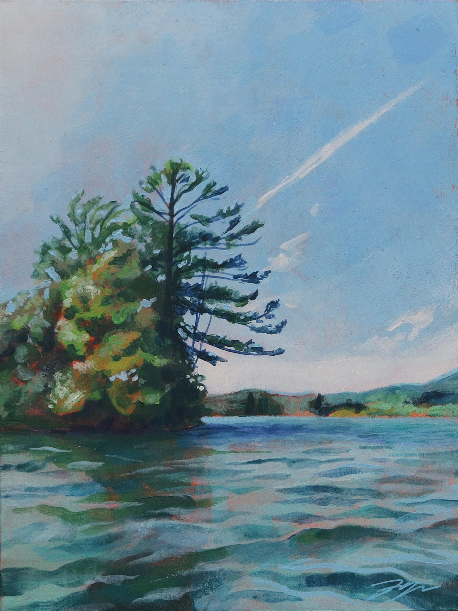 A vertical, acrylic painting of a blue sky with gentle waves underneath, and a small peninsula coming from left with a pine tree.
