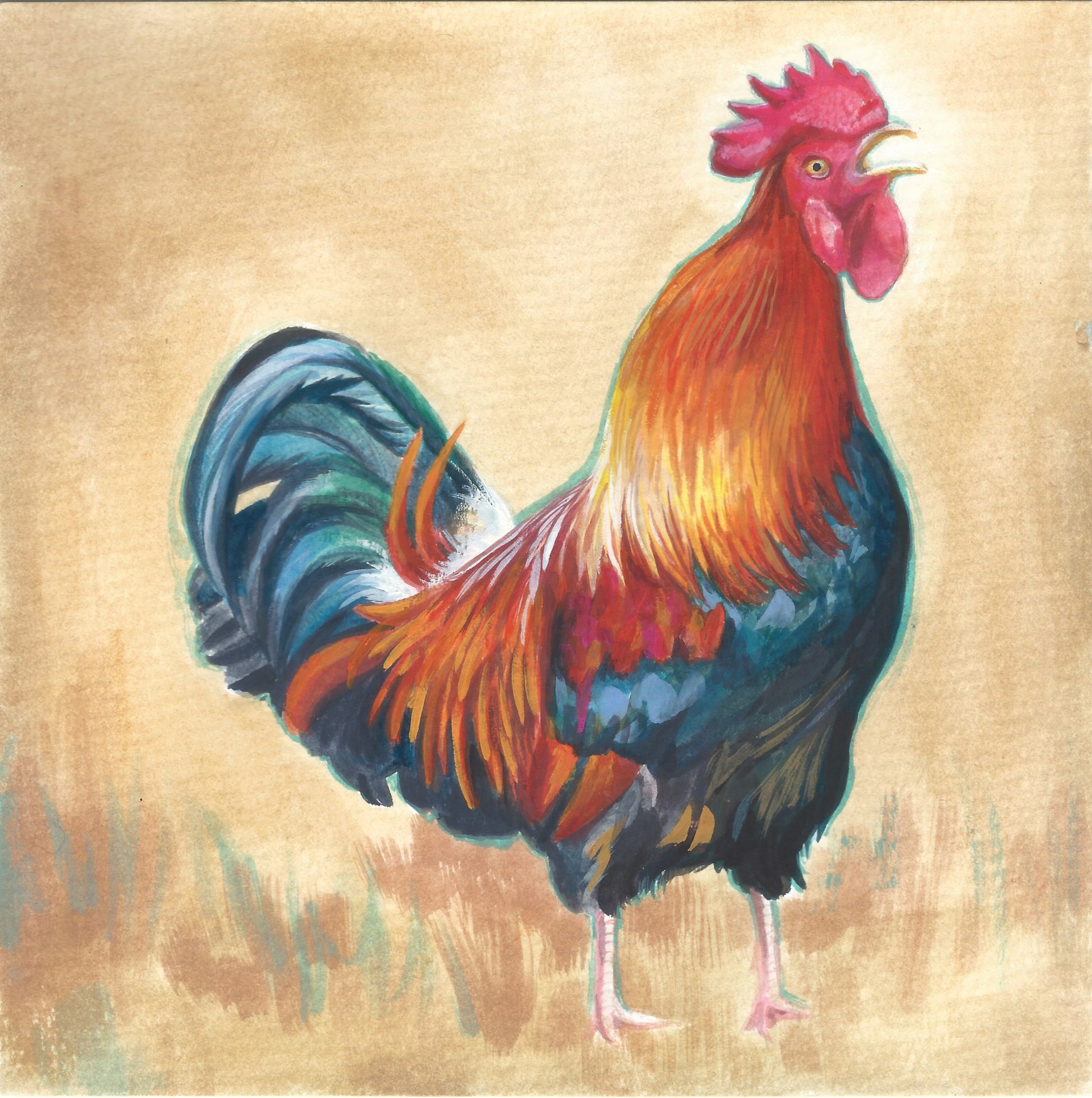 This amusing painting depicts a colorful rooster in side profile, crowing at the sky with an expression of perhaps panic. The background is warm beige, with some paint marks implying grassy texture at his feet.