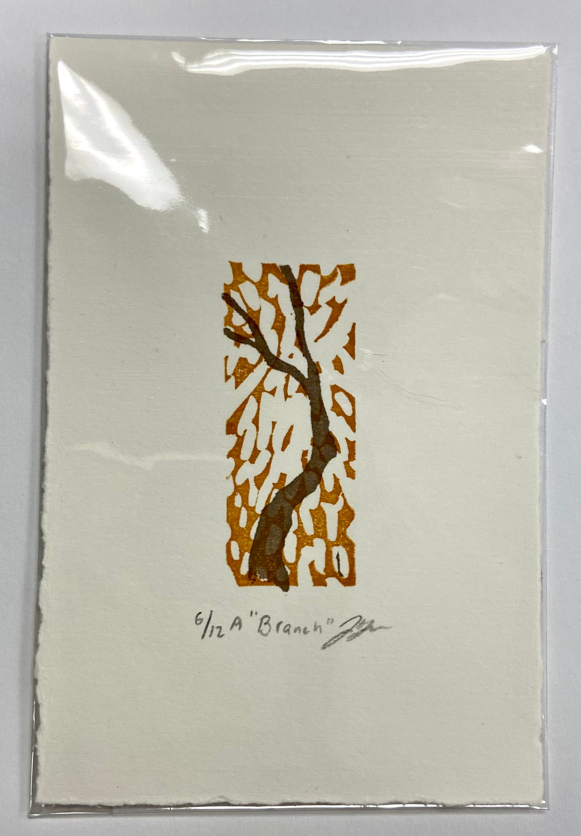 A two-layer relief print of a tree branch and abstract implied leaves. The print is made by hand with carved erasers and is numbered, signed and titled. 