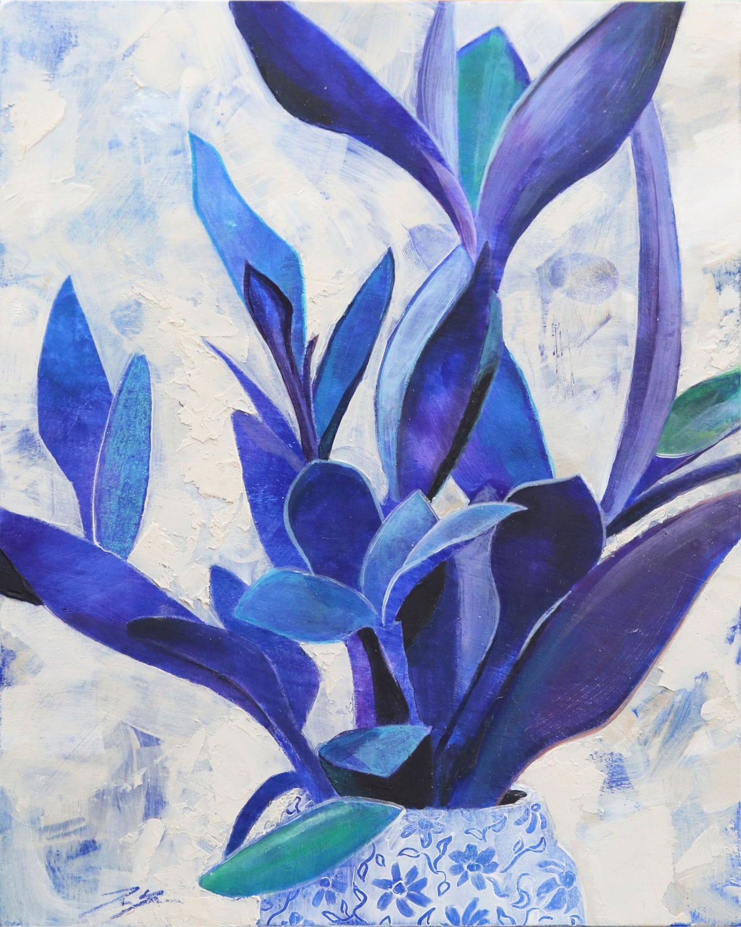 Mixed media painting "True Blue" by artist Jackie Hanson. Blue leaves in a variety of shades rise from a white china pot. The background is a thickly textured white.