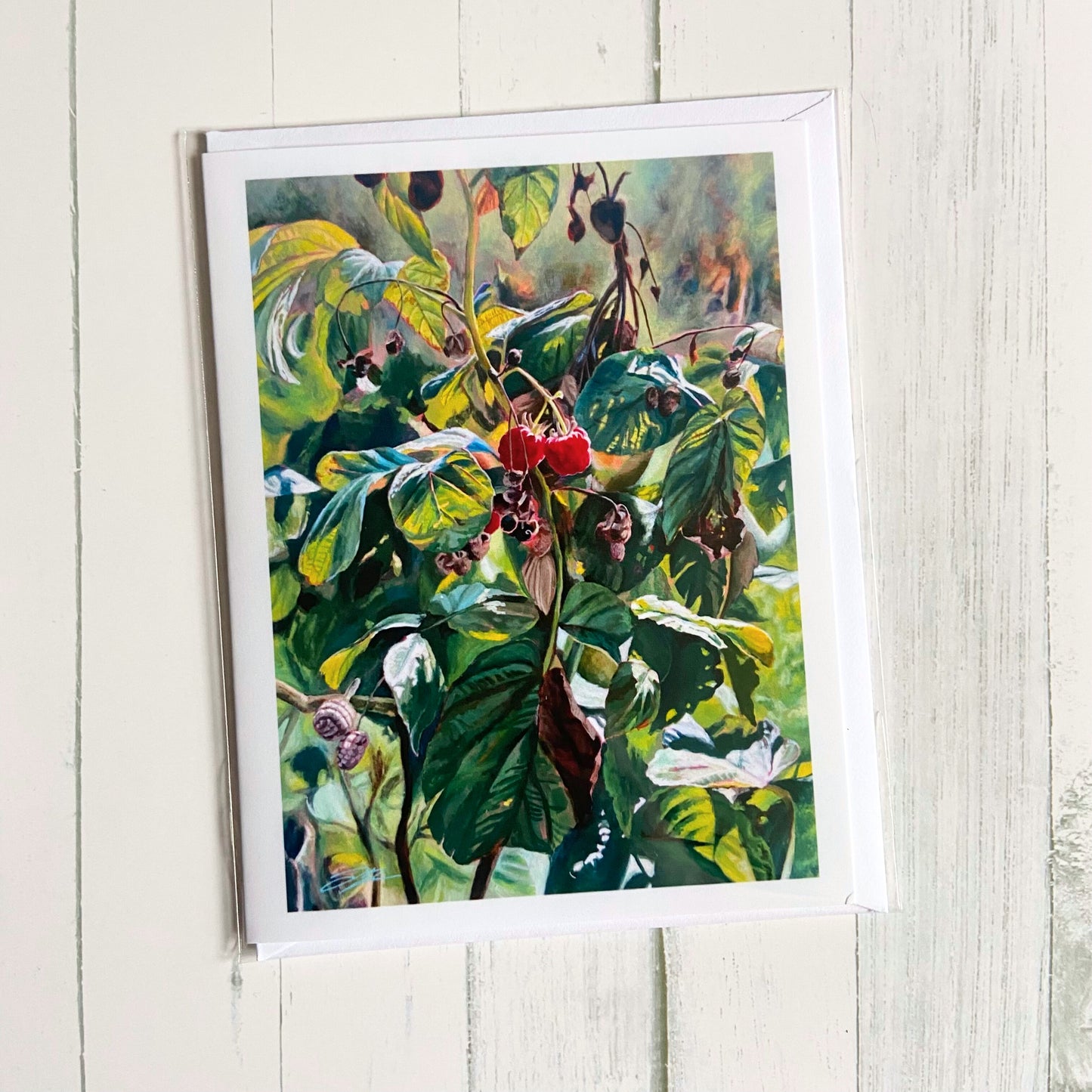 A folded white greeting card with an image on the front of a raspberry plant painting. Two ripe berries at center draw attention. The card is sealed in a plastic sleeve with a matching envelope. 