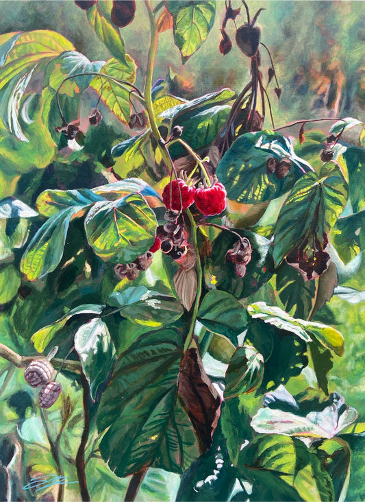 A realistic acrylic painting of a late-season raspberry plant with two ripe berries at the center. Some parts of the plant are vibrant green and others dry and brown, with strong highlights and filtered light. 