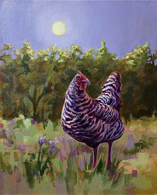 An acrylic painting on canvas panel of a barred rock chicken in a grassy field in the moonlight. The artwork is primarily purple and green.