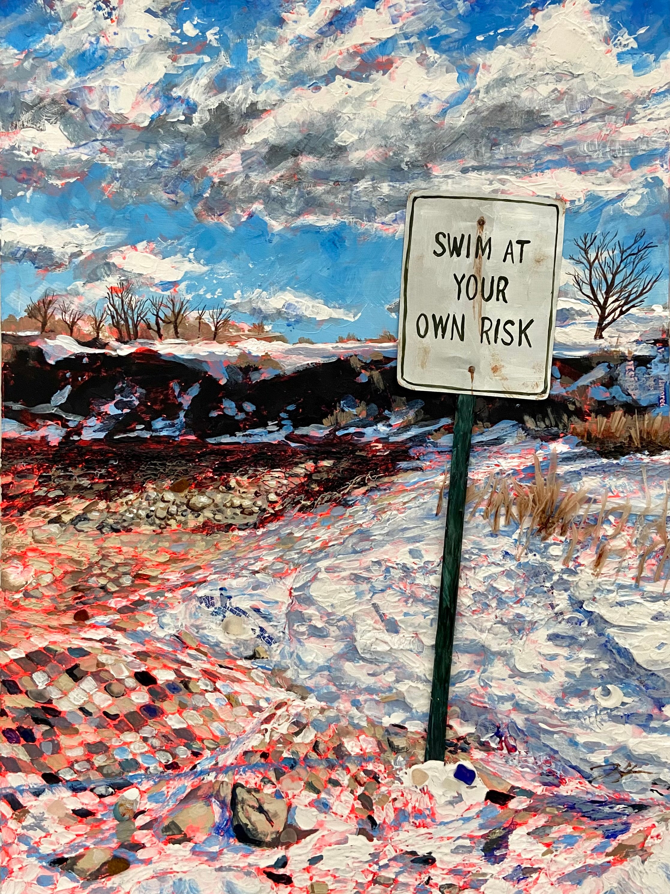A mixed media painting in pink, white and blue depicting a snowy, rocky landscape. There is a sign near front right that reads, "Swim at your own risk".