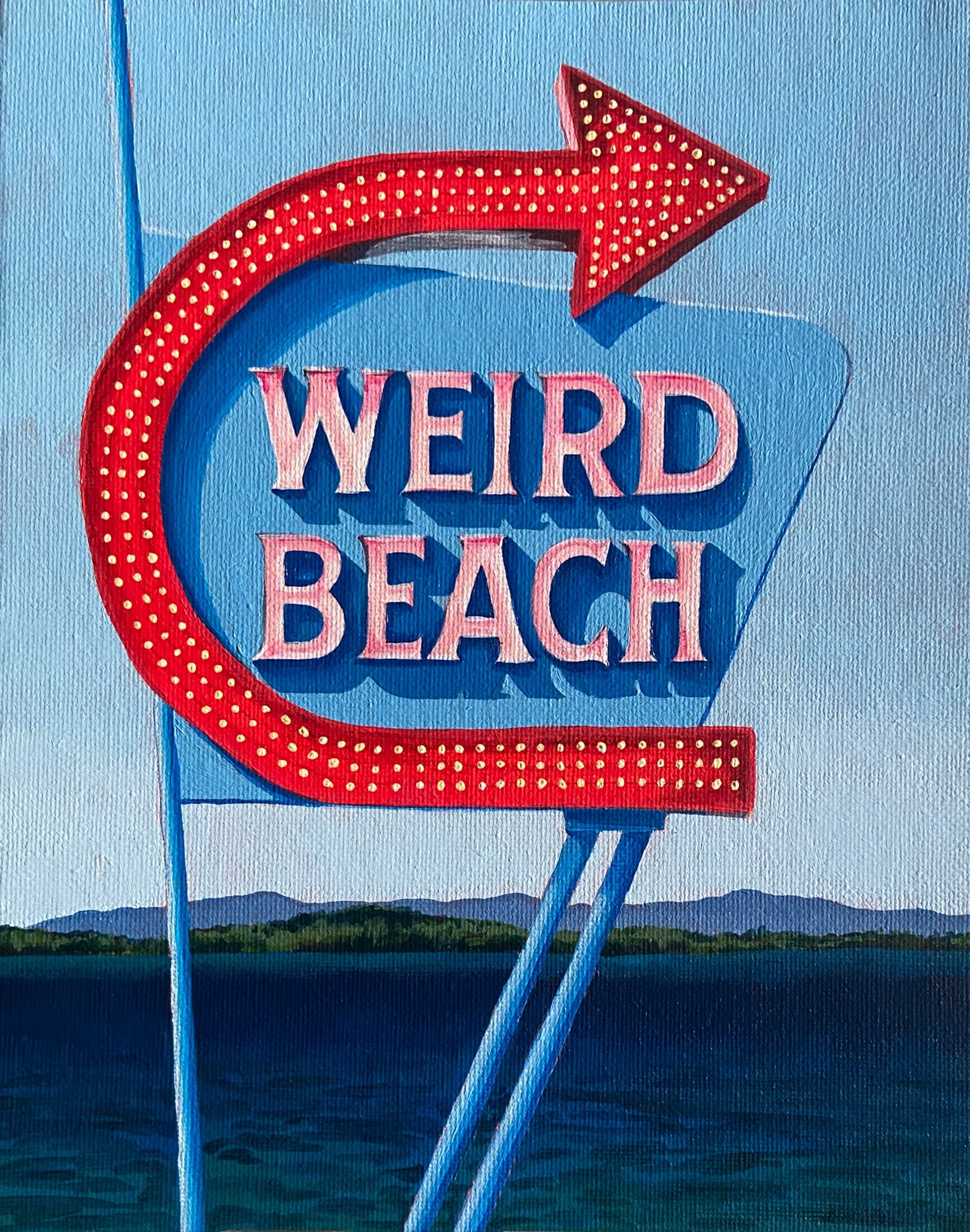 A painting of the famous Weirs Beach sign in Laconia, NH, but reading instead "Weird Beach". 