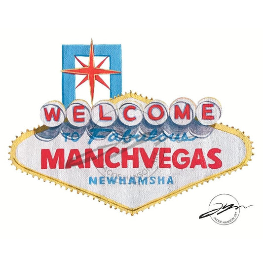 A watermarked image of a sticker design, depicting the iconic Las Vegas sign repainted to read, "Welcome to fabulous ManchVegas New Hamsha." 