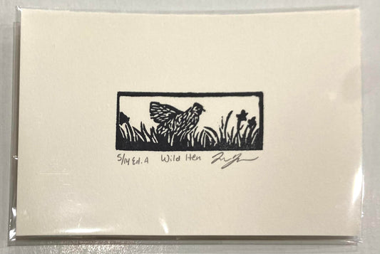 A small black and white relief print of a chicken in tall grasses. The print is made by hand using a carved eraser and is numbered, signed, and titled. 