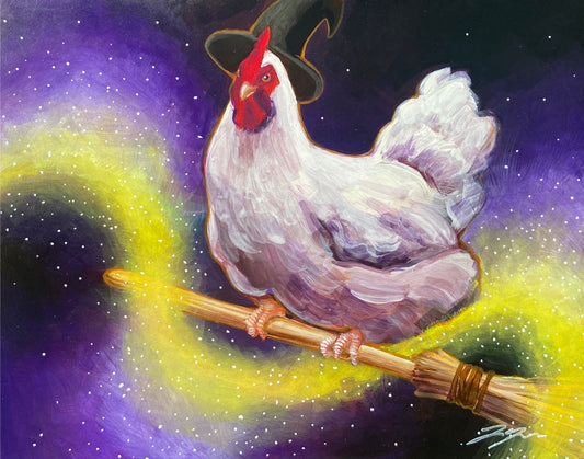 A realistic painting of a white chicken riding a broomstick through a purple sky. She wears a pointed witch hat and has yellow magic dust floating around her. 