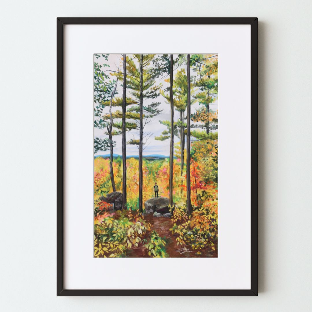 A mockup of an art print in a black frame with a white mat. The print focuses on some tall pine trees in the foreground with a hiker below on a boulder. In the distance are trees with fall foliage, especially in yellow.