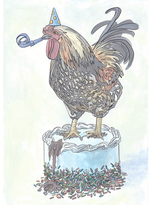A filled-in coloring page of a rooster standing on a cake. He has a party hat on and a noisemaker in his mouth. The filled in version was created using a low-opacity image of the painting upon which the coloring page design was based. 