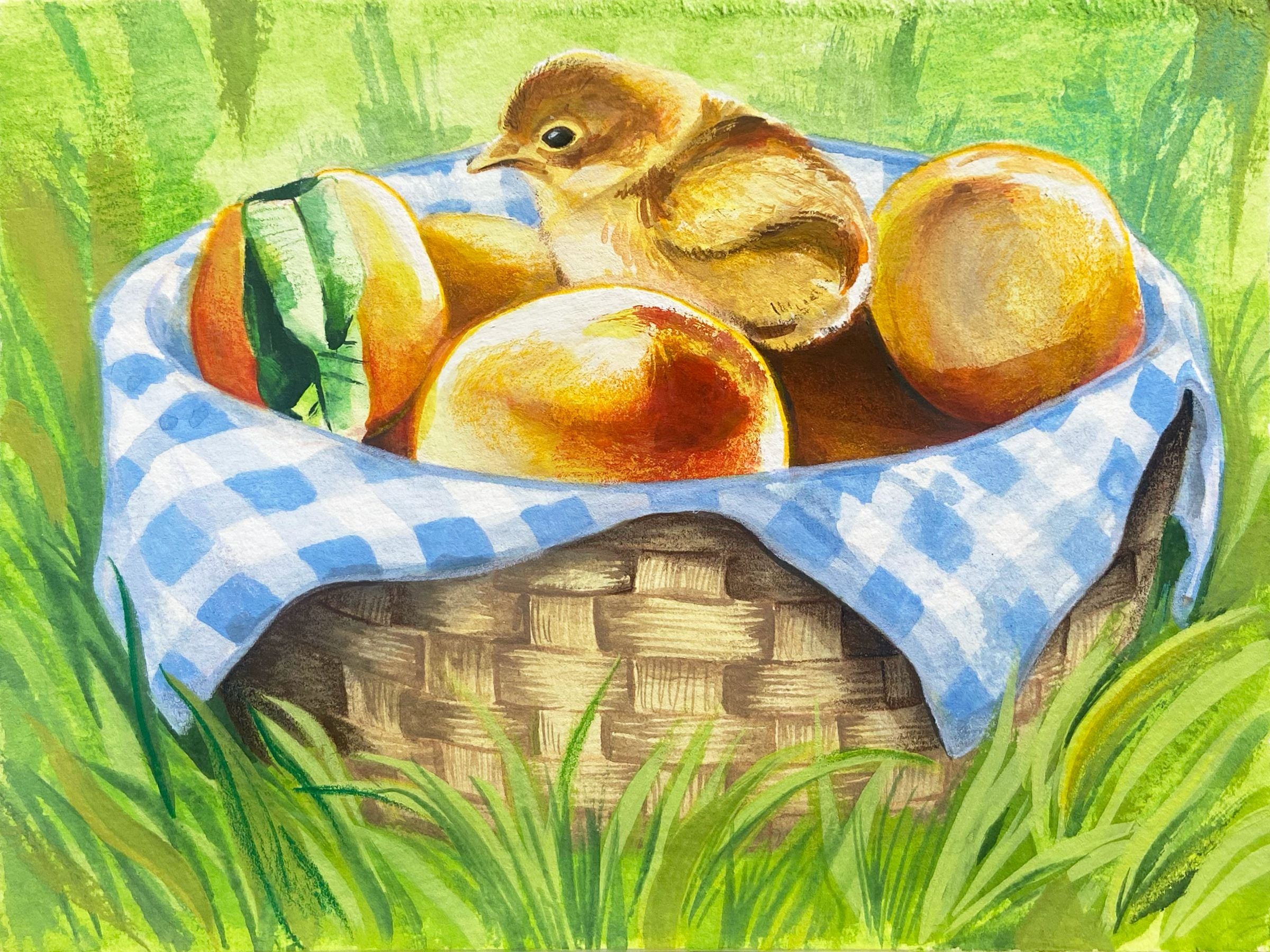 A little yellow chick sits in a basket of peaches. 