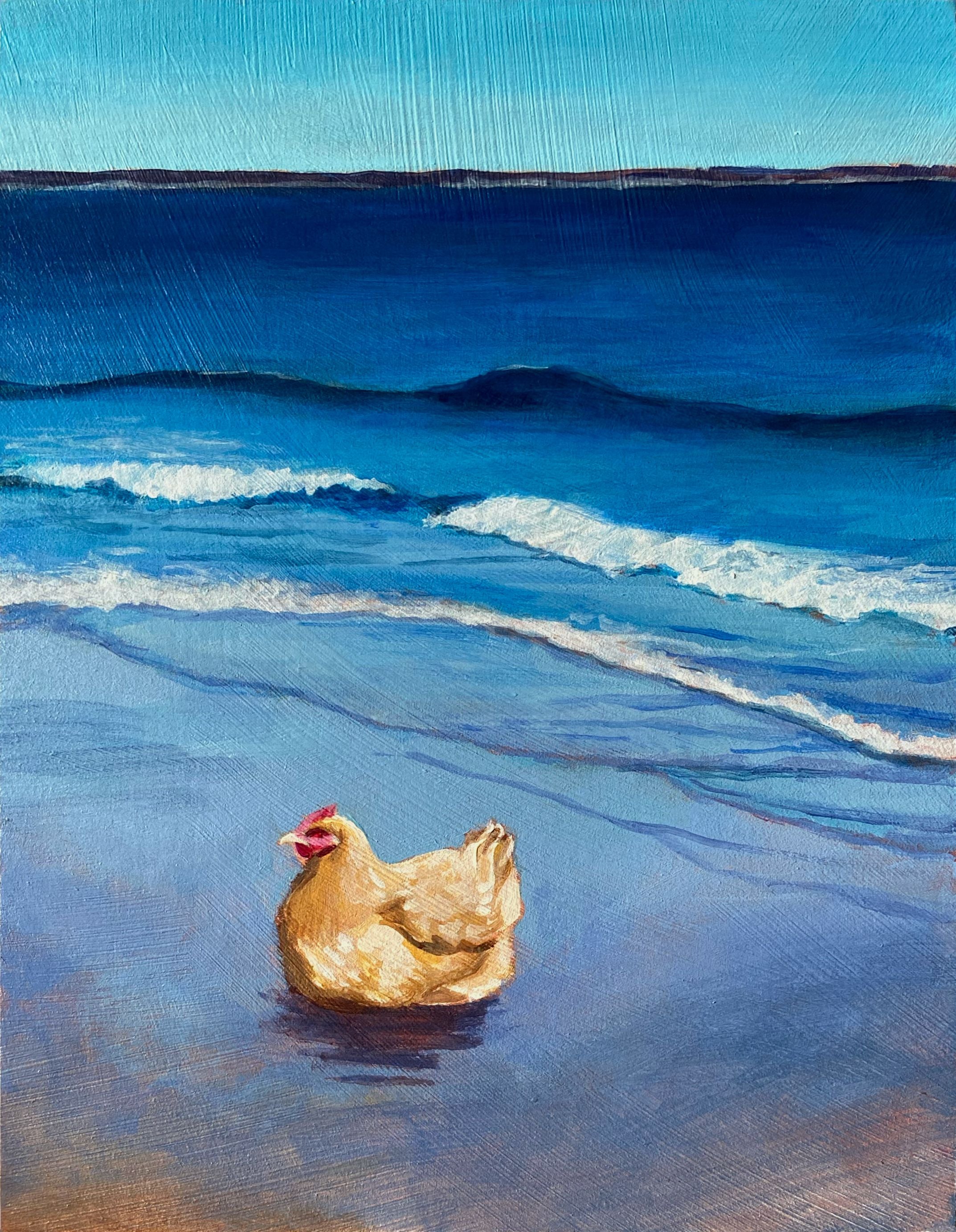 A Buff Orpington hen sits at the shoreline of the ocean. Acrylic painting