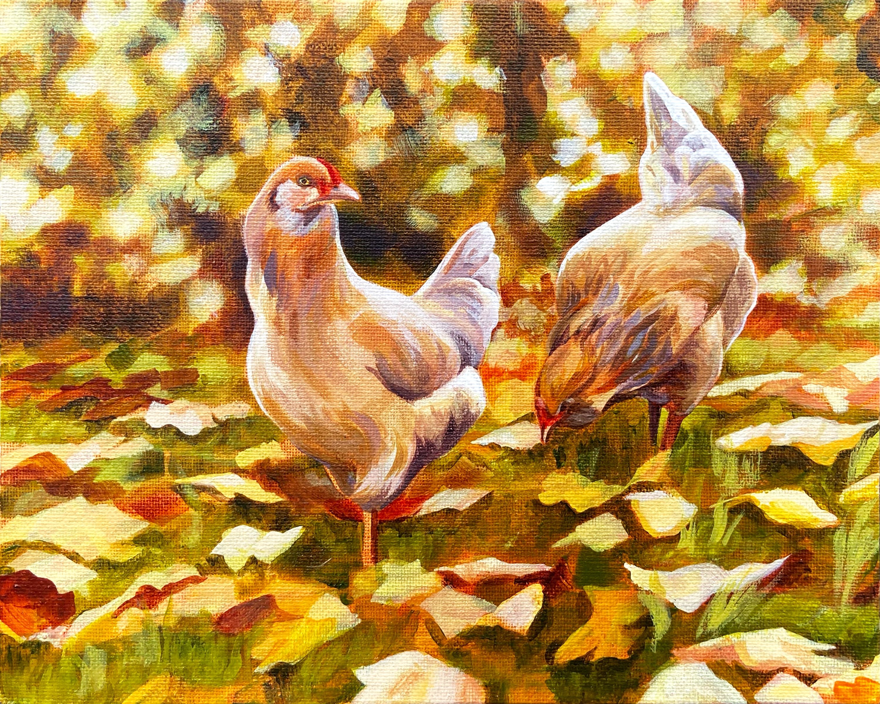A painting of two orange chickens in a sunlit fall foliage scene. 