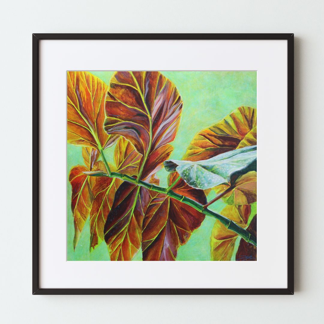 A mockup of a square, green-and-red botanical art print in a black frame with a white mat. The painting shows a branch of begonia leaves with their red undersides toward the viewer, one curled to show its green front with white polka dots. 