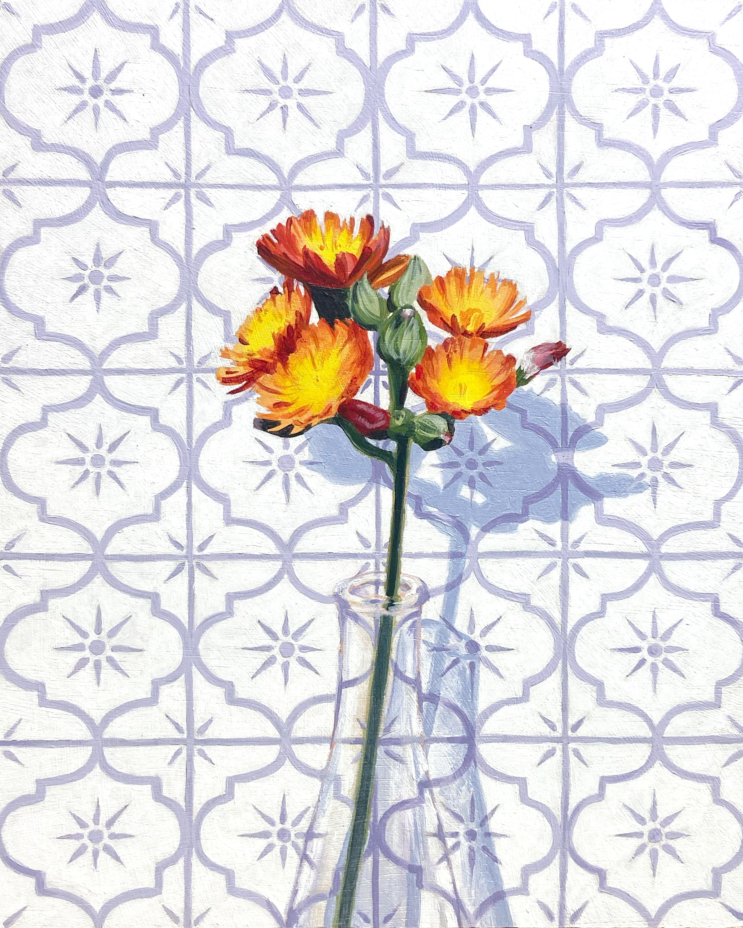 A painting of a hawkweed flower (formerly called Indian Paintbrush) in a bottle over a periwinkle tiled background. 