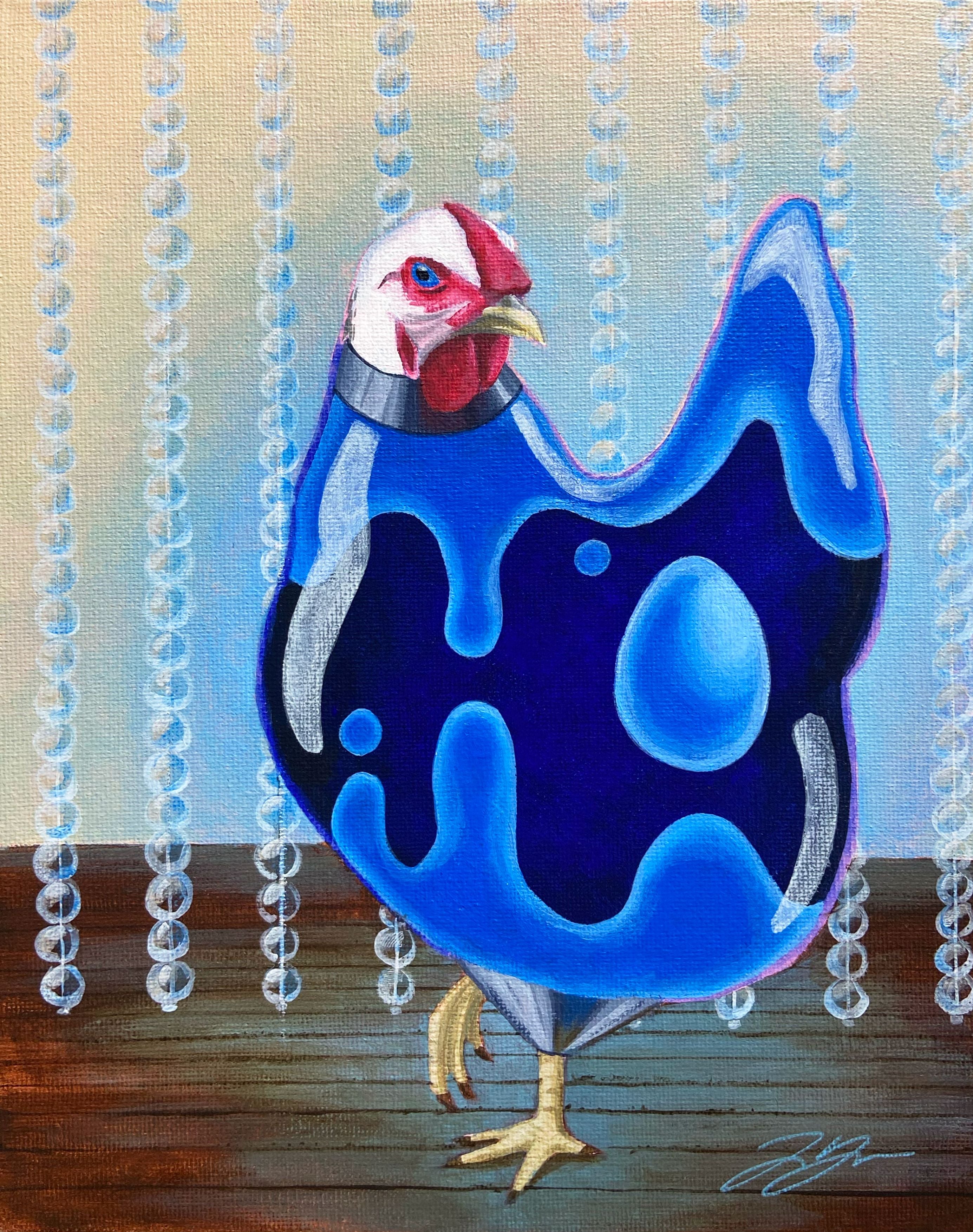 A chicken with a lava lamp body walks cautiously in front of a beaded curtain. 