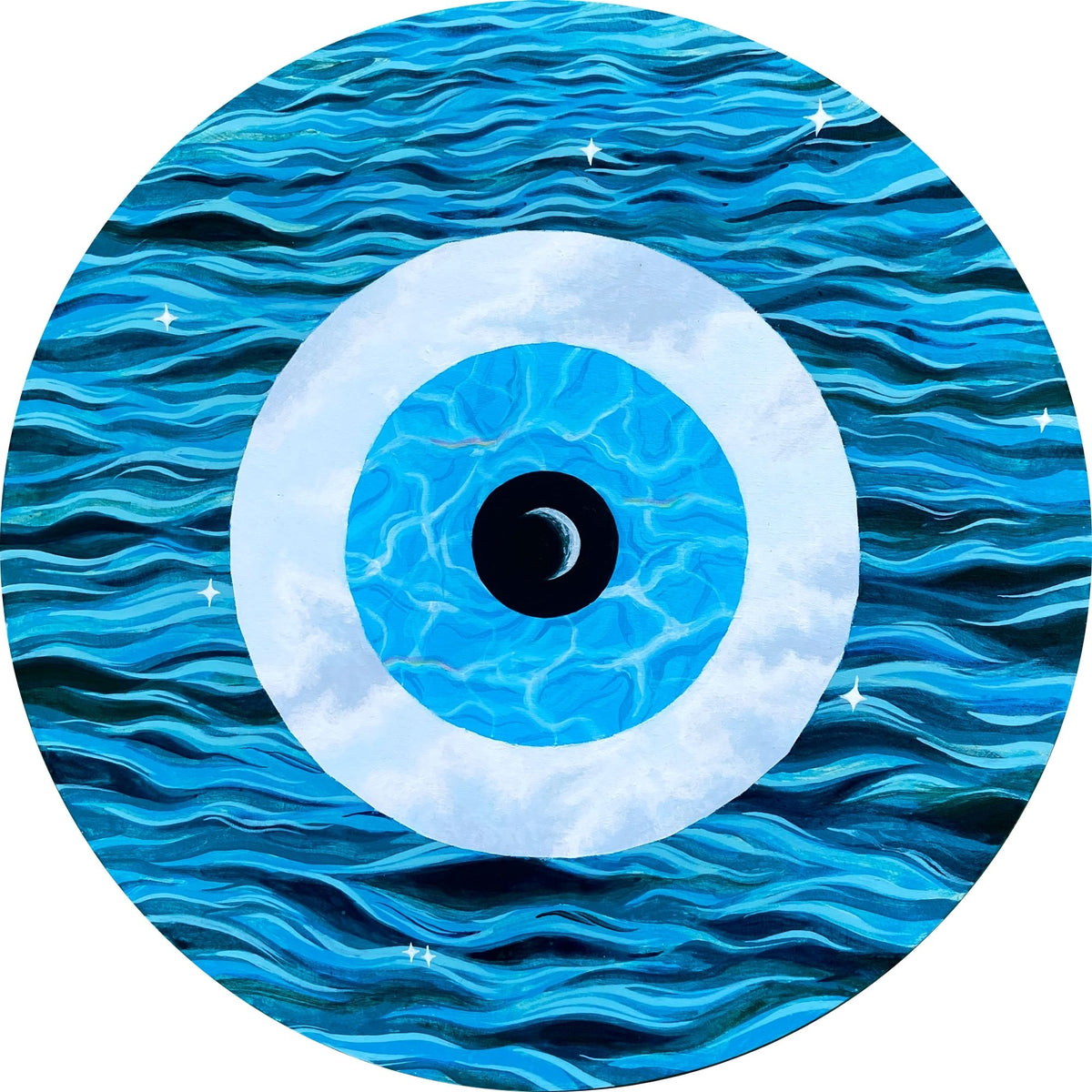 A circular painting of the blue Evil Eye symbol, reimagined as layersof sky and water in concentric circles. 