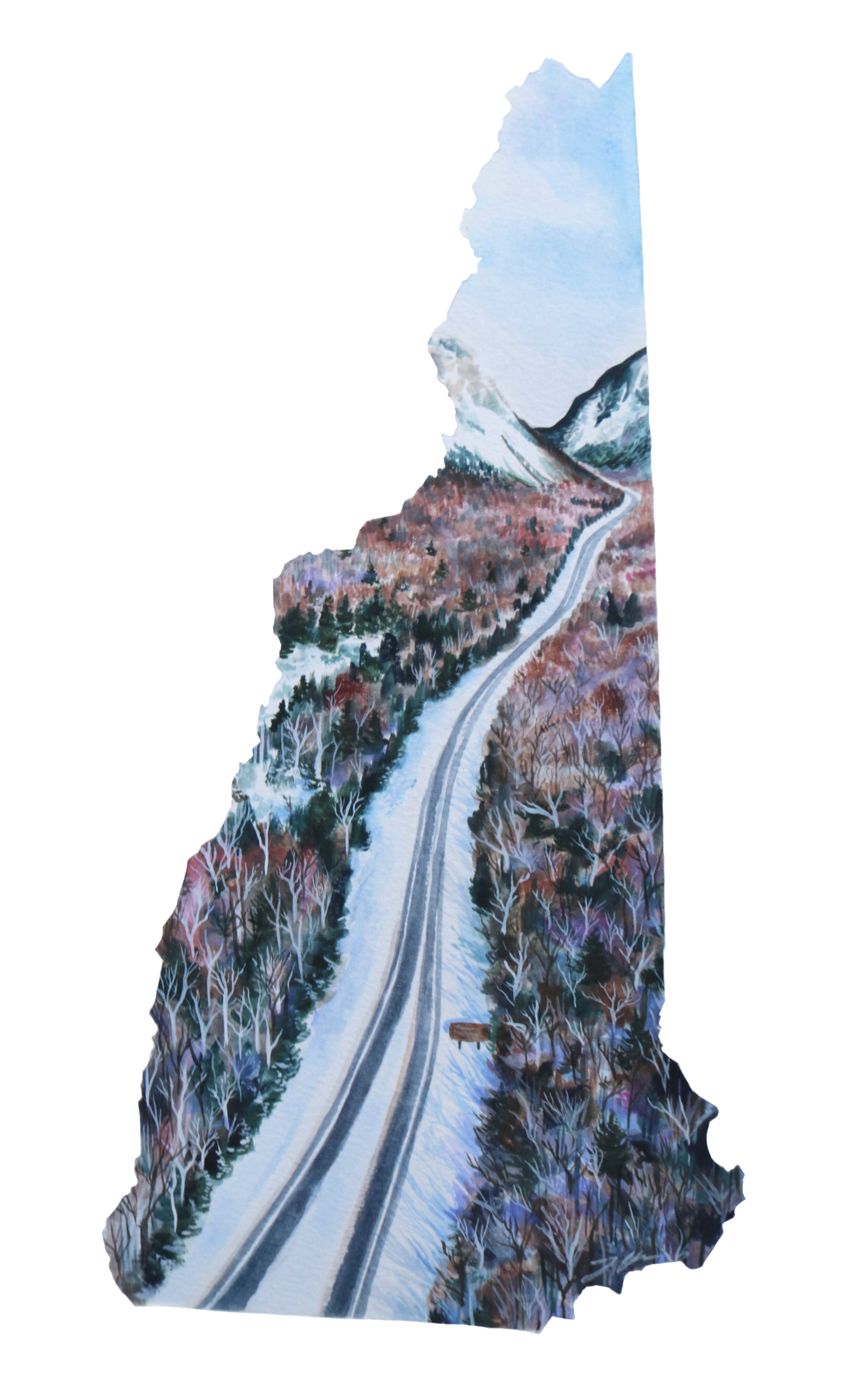 A wintry painting in the shape of New Hampshire, showing an aerial view of Route 93 passing through Franconia Notch. 