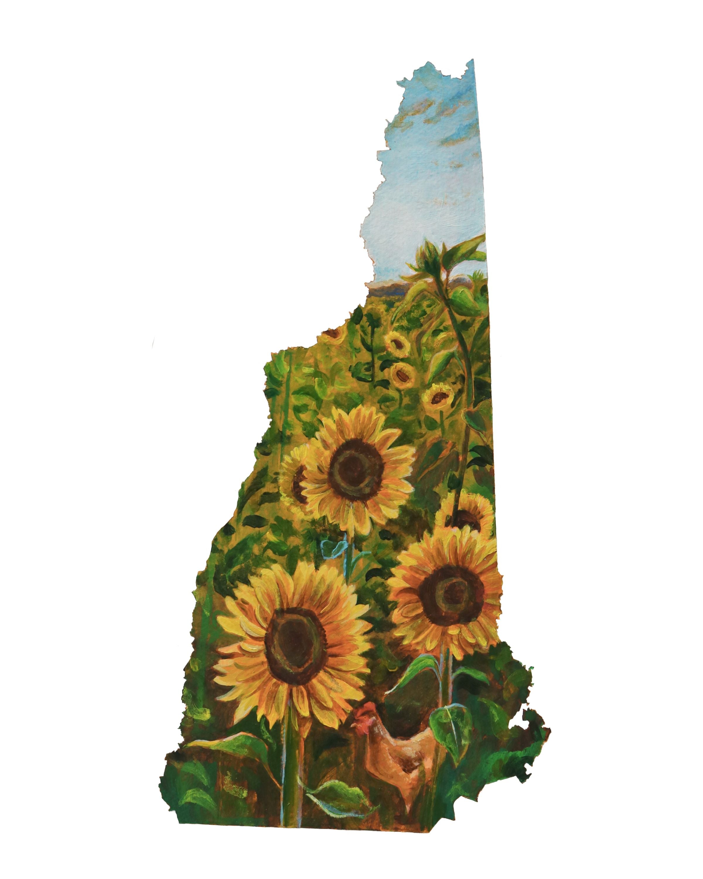 A painting in the shape of New Hampshire depicting a field of sunflowers.