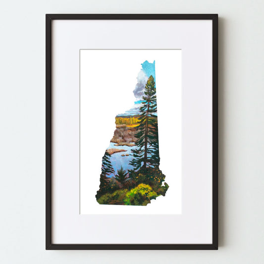 A mockup of the New Hampshire shaped landscape art print in a black frame with a white mat. The painting features a tall pine tree in front of a marsh with fall foliage and  a partly cloudy sky.