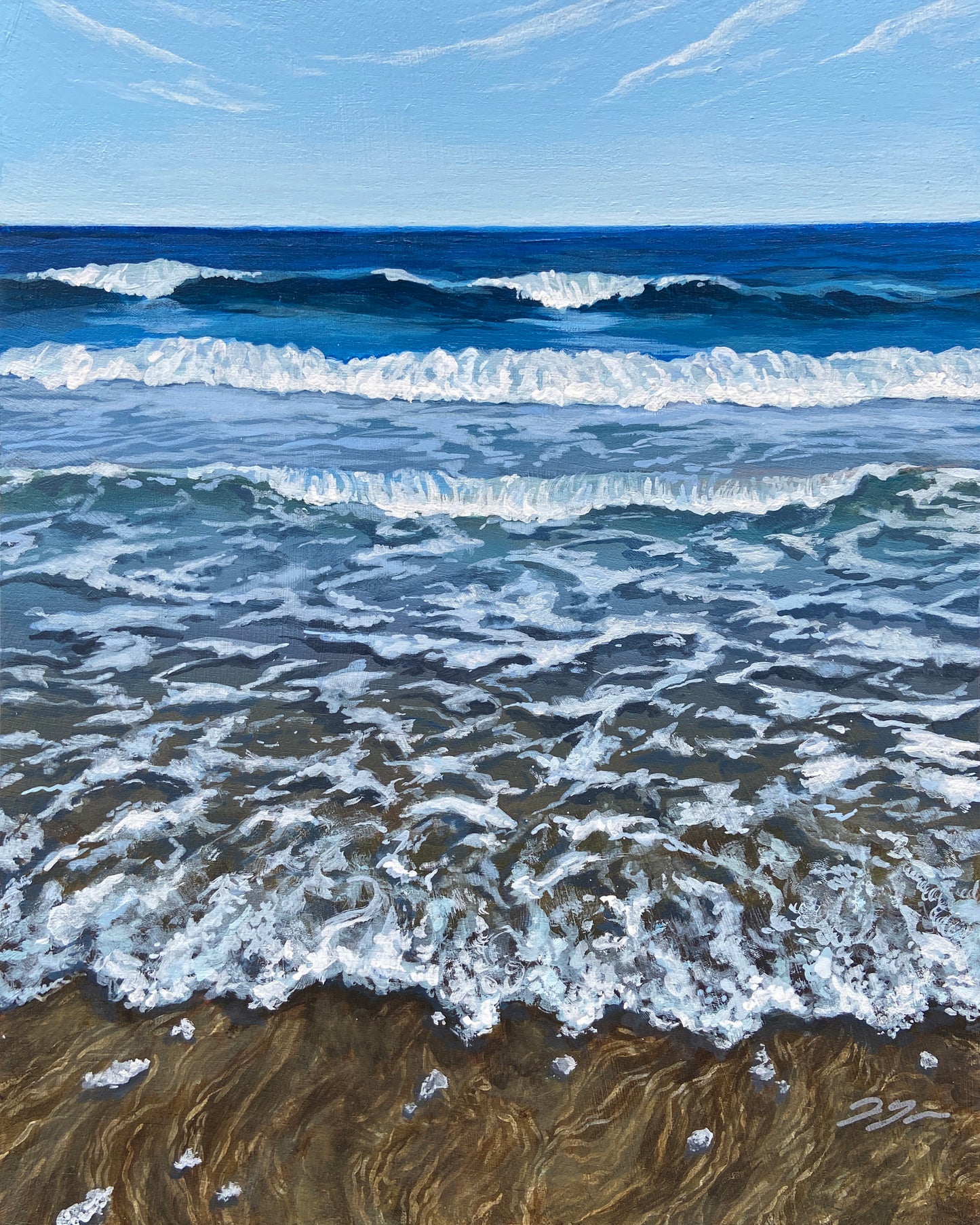 Painting of ocean waves crashing onto a sandy beach with a clear blue sky.