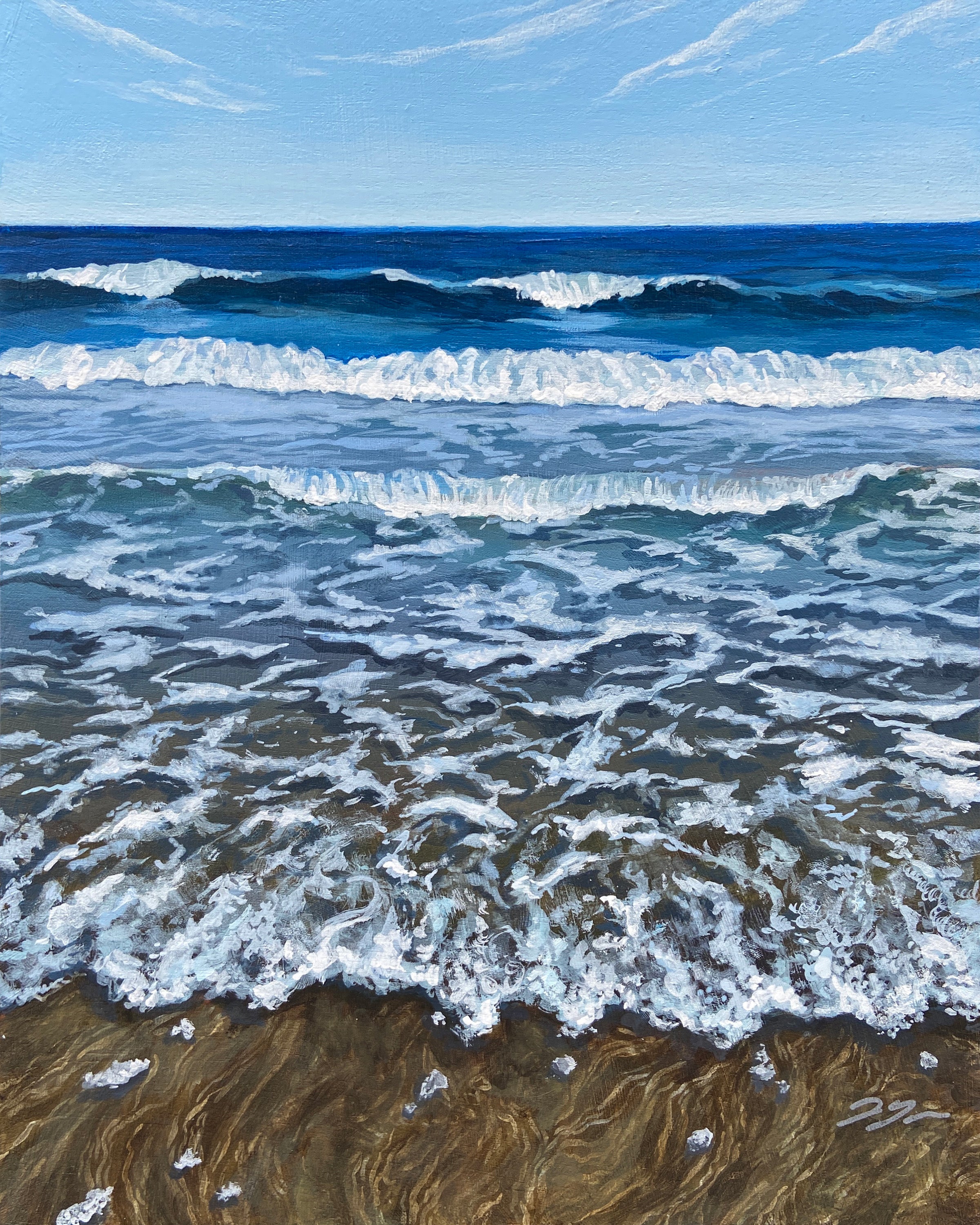 Painting of ocean waves crashing onto a sandy beach with a clear blue sky.