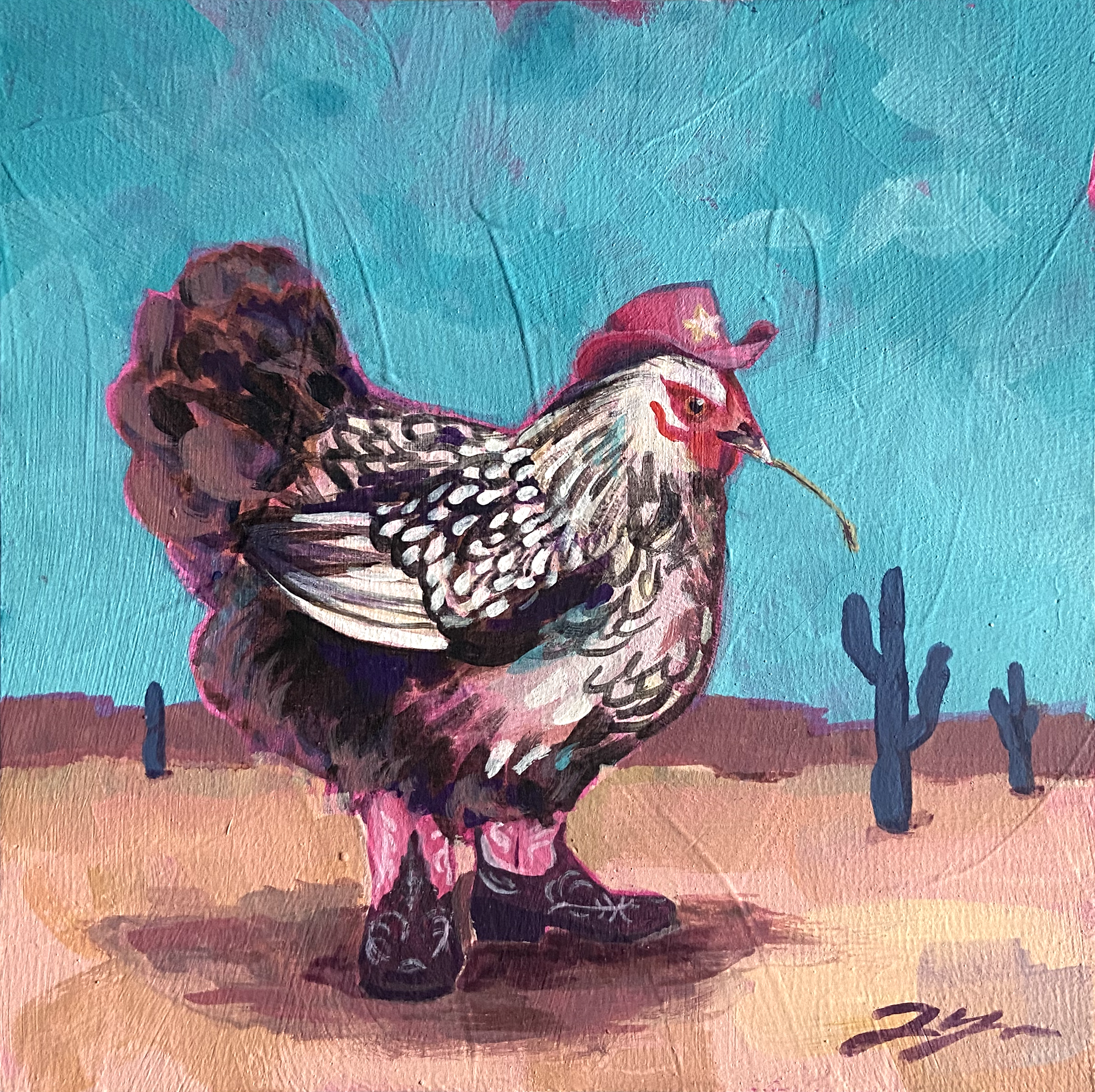 "Yeehaw", an acrylic gouache painting by New Hampshire artist Jackie Hanson. A black and white feathered chicken wears a pink cowgirl hat and boots, standing in a sandy desert under a bright blue sky. 