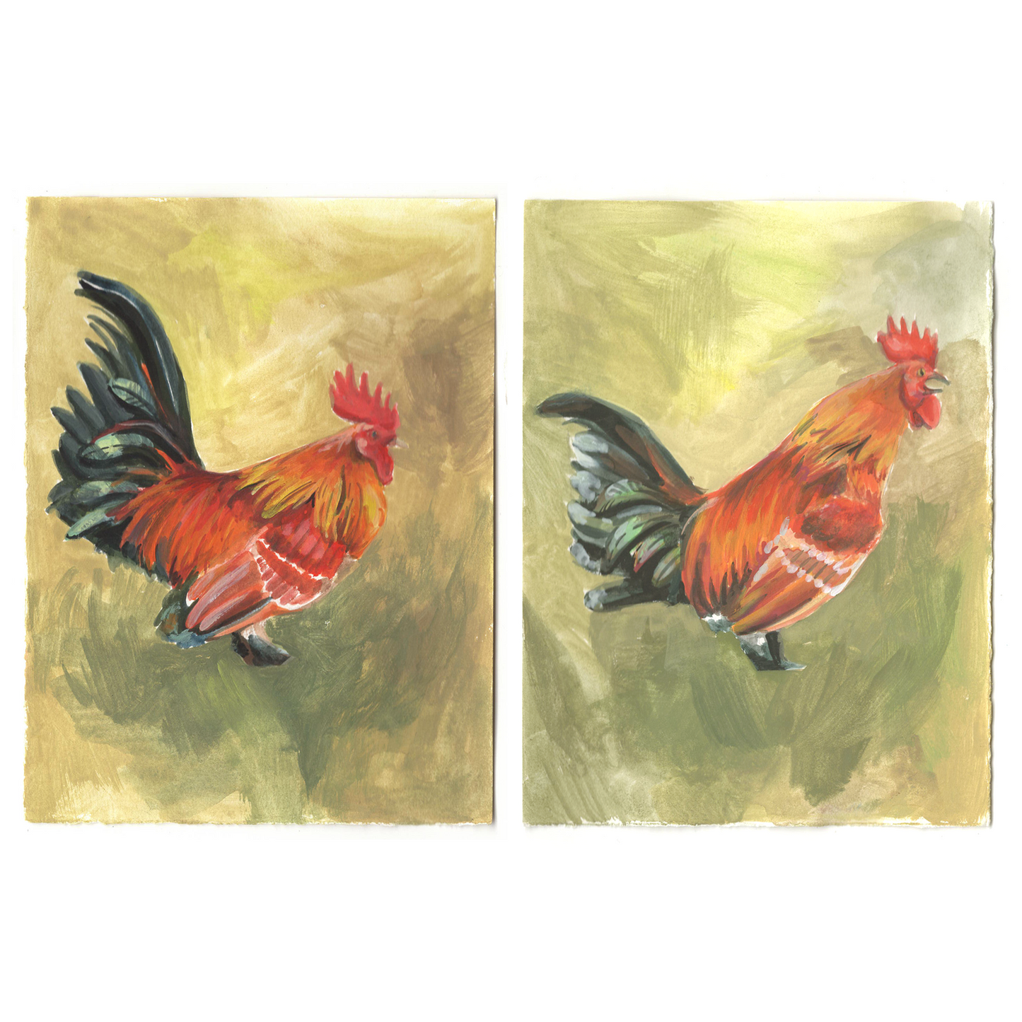 "Bu-CAW!" Original Chicken/Rooster Gouache Painting Pair