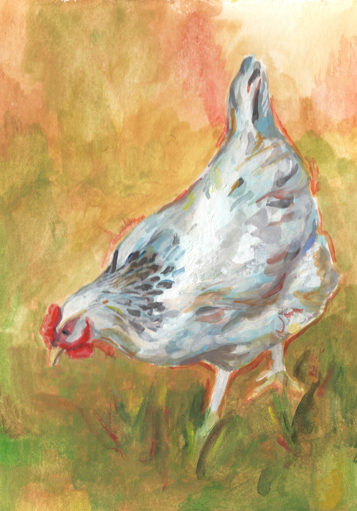 "White Hen on Red" Original Chicken Painting
